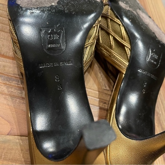 Women's gold bronze kitten heels metal metallic leather open back size 8 slides - Picture 11 of 15